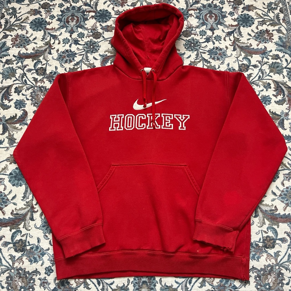 00’s Nike Red Hockey Pullover Hoodie with White Swoosh